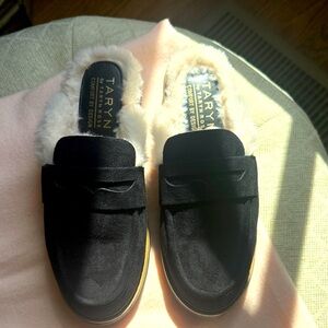 Taryn Rose Black Suede Fur-Lined Mule Loafers